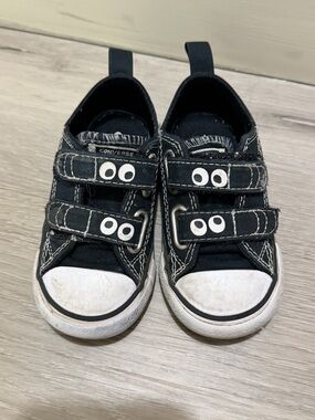 Converse Kids Black Canvas Velcro Sneakers with White Toe Cap
